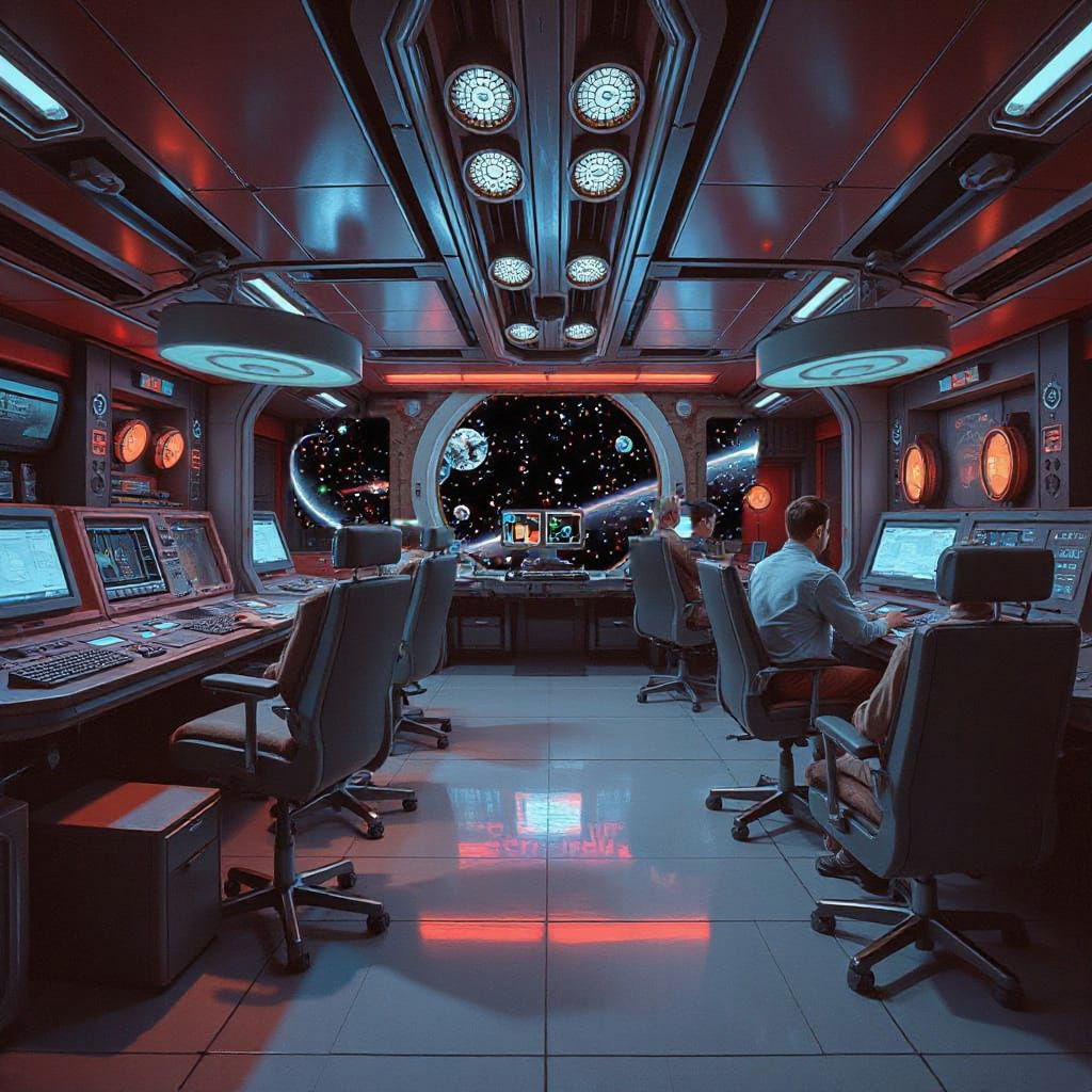 The bridge crew of a Starship at work, bridge with workstations modeled after Elite gaming setups with high back cushion...