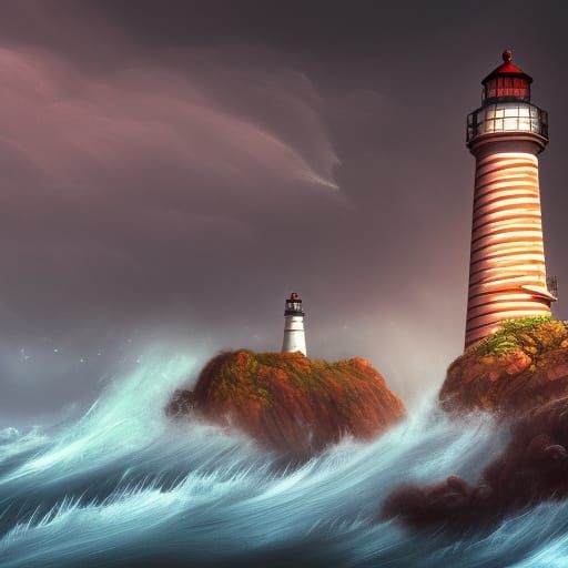 Lighthouse on a rainy day with heavy waves in distance