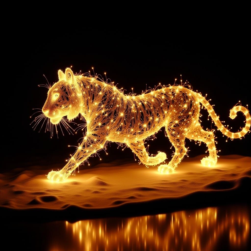 <lora:Fairy Lights:1.0> an image representing the ethereal silhouette of a fierce tiger, formed from an enchanting and dynamic array of fair...