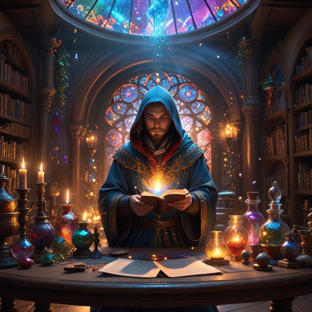 The Wizard's chamber - table, crystal tools, books, rose-window Maximalist   by @Peregrine Falconer