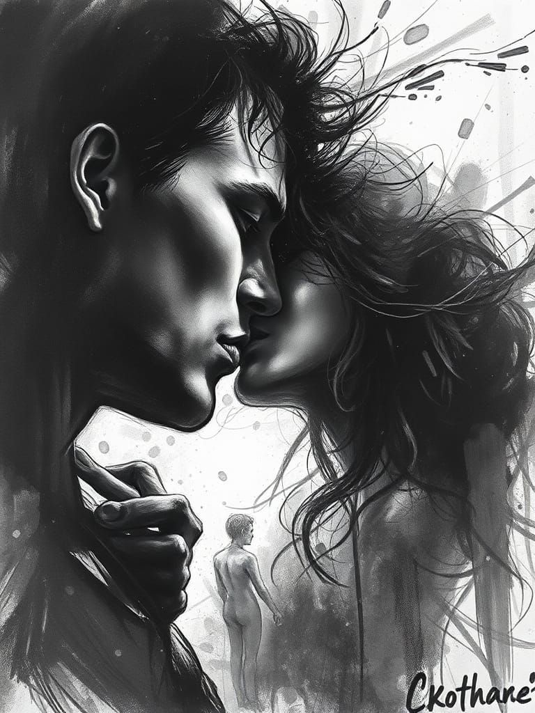 Dramatic Charcoal Drawing of Intense Emotion and Dynamic Com...