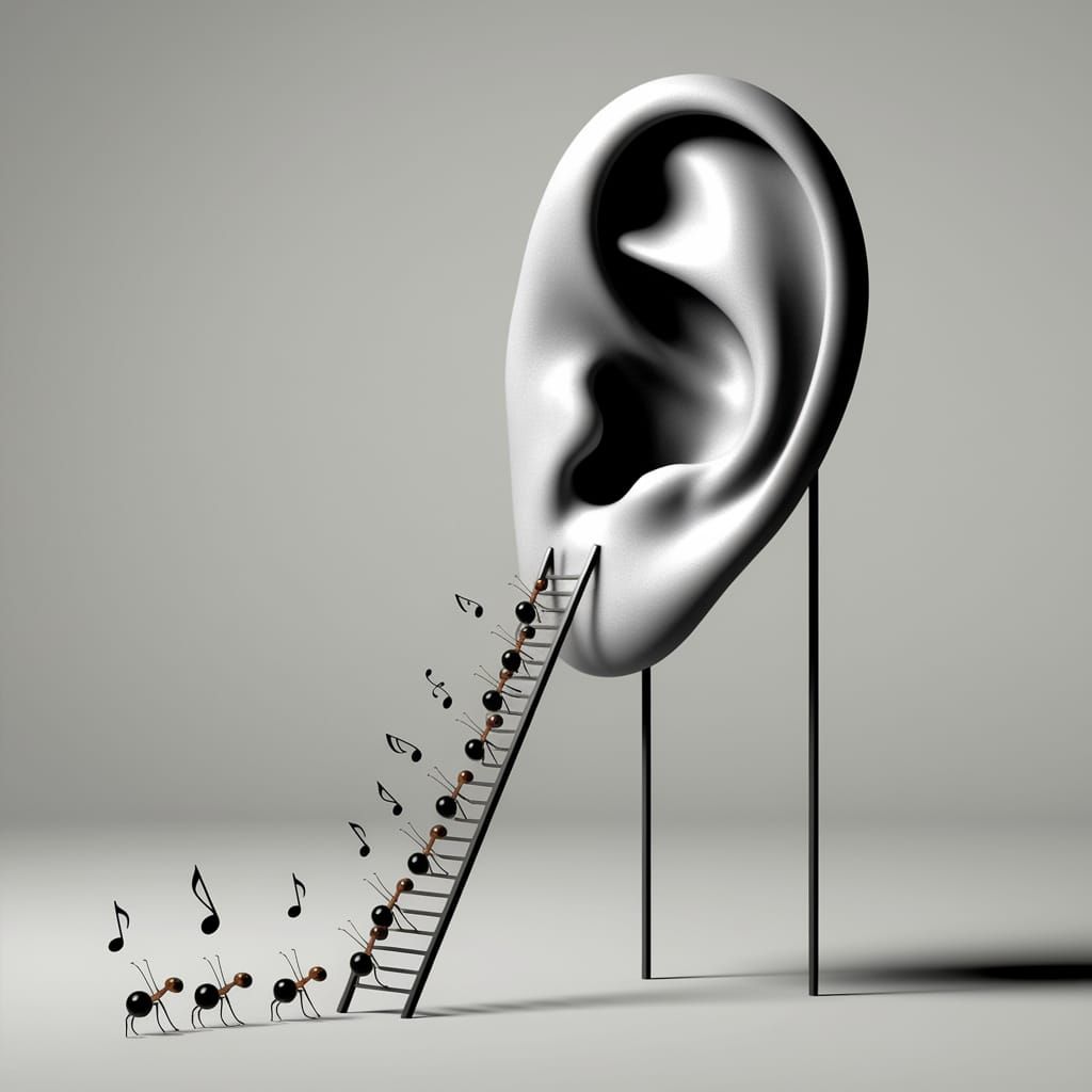 a minimalist, surrealist work of art centered around a large, detailed, large human ear set vertically in the center of ...