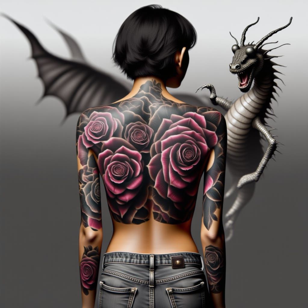 <lora:3D Tattoos:1.0> an absolutely gorgeous young farm girl in a plaid crop top and jeans shorts, detailed, epic, fantasy, intricate, charm...