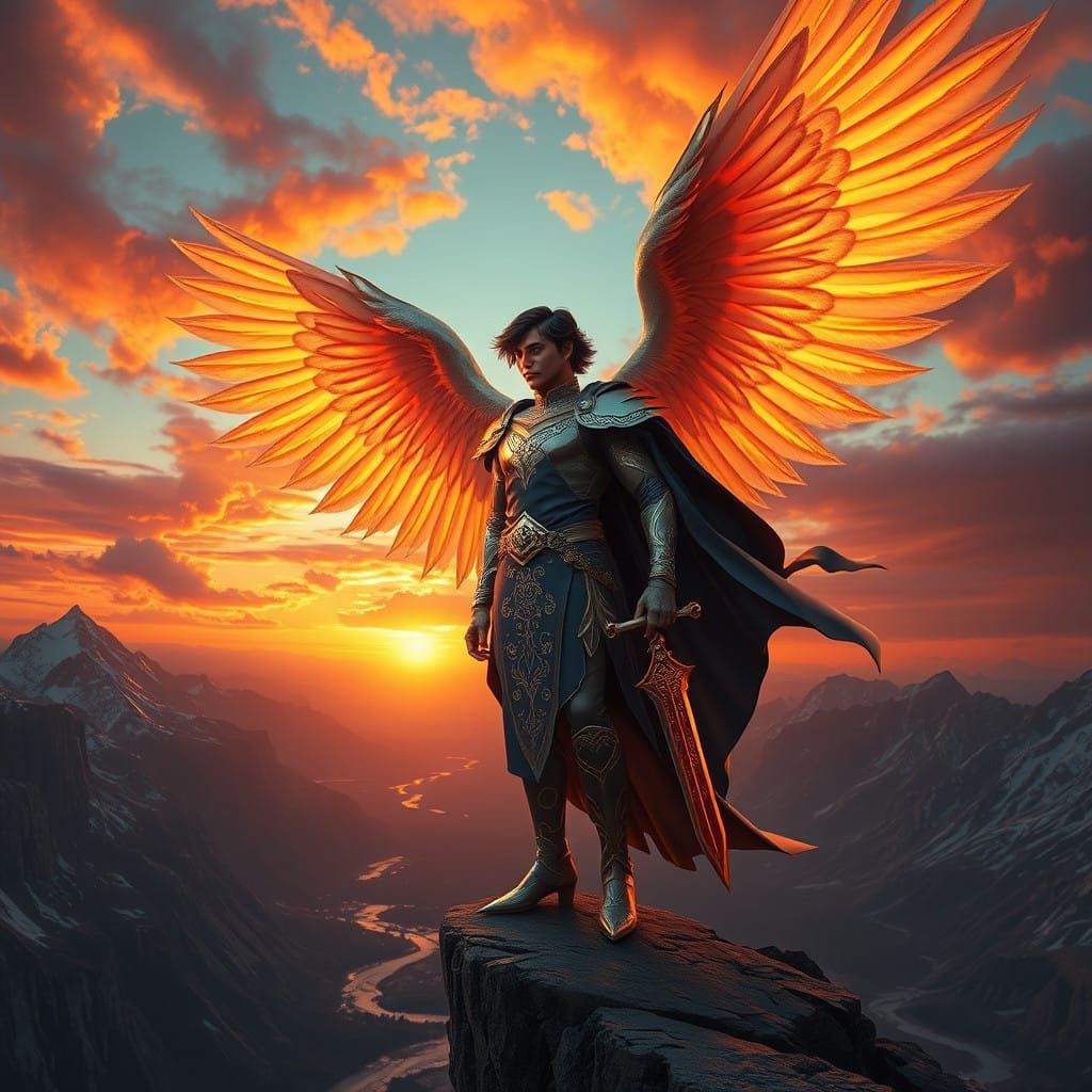 Angel of Awe-Inspiring Grandeur in Vibrant Sunset Hues