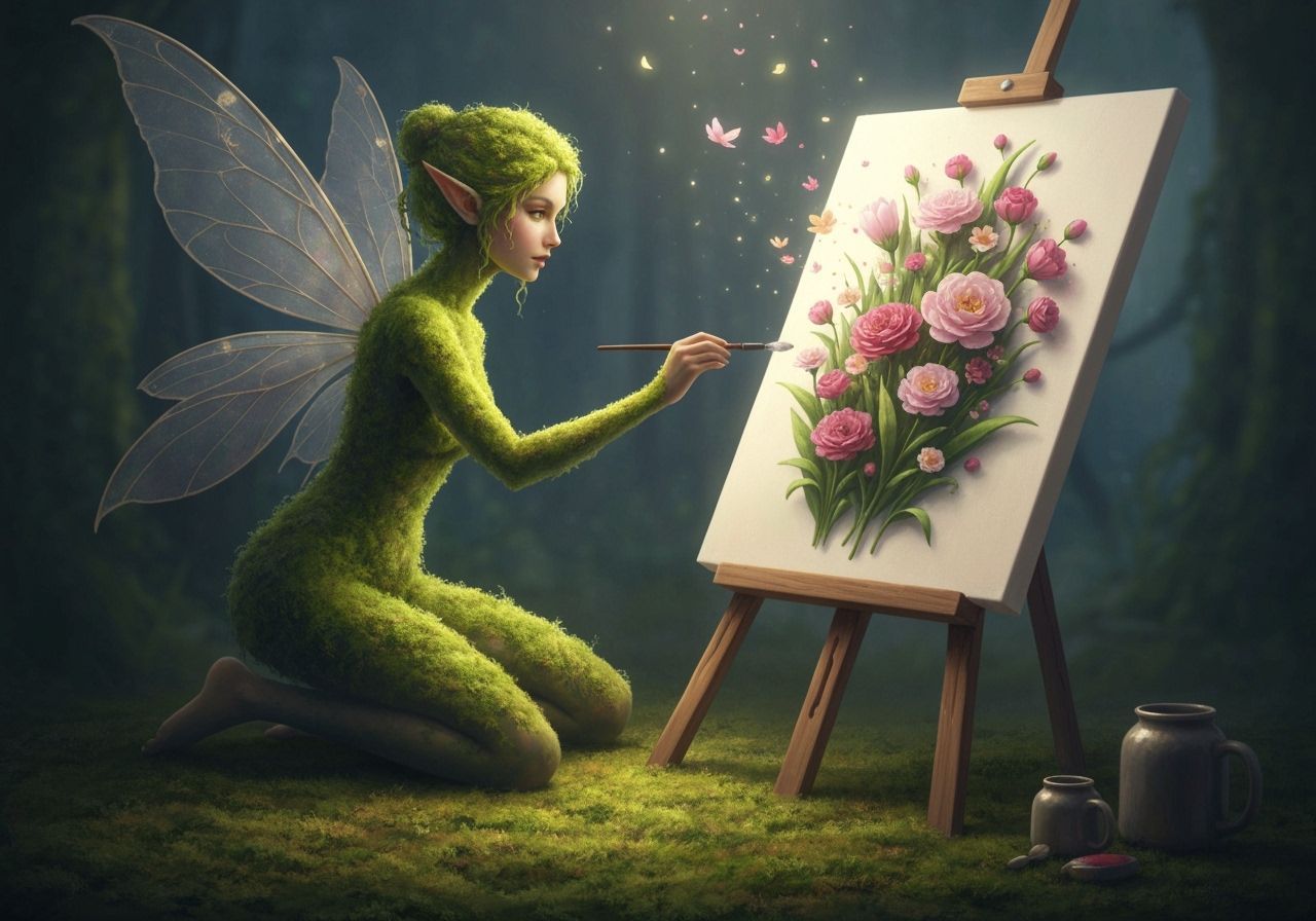 Fairy painting the forest's flowers