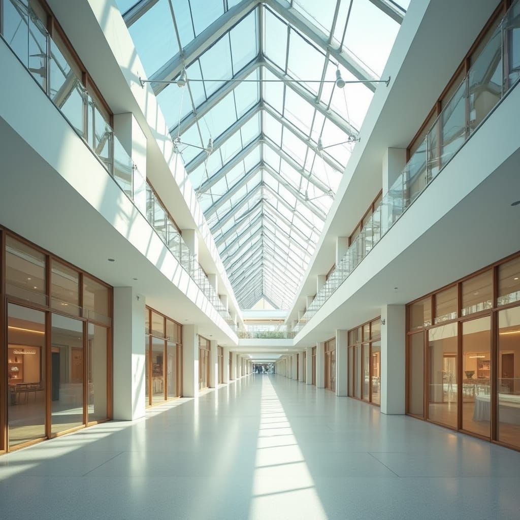 A bright and narrow mall-like hallway in a 2 floor building 
with 3 storefronts on each side and a pyramid shape glass ceiling 