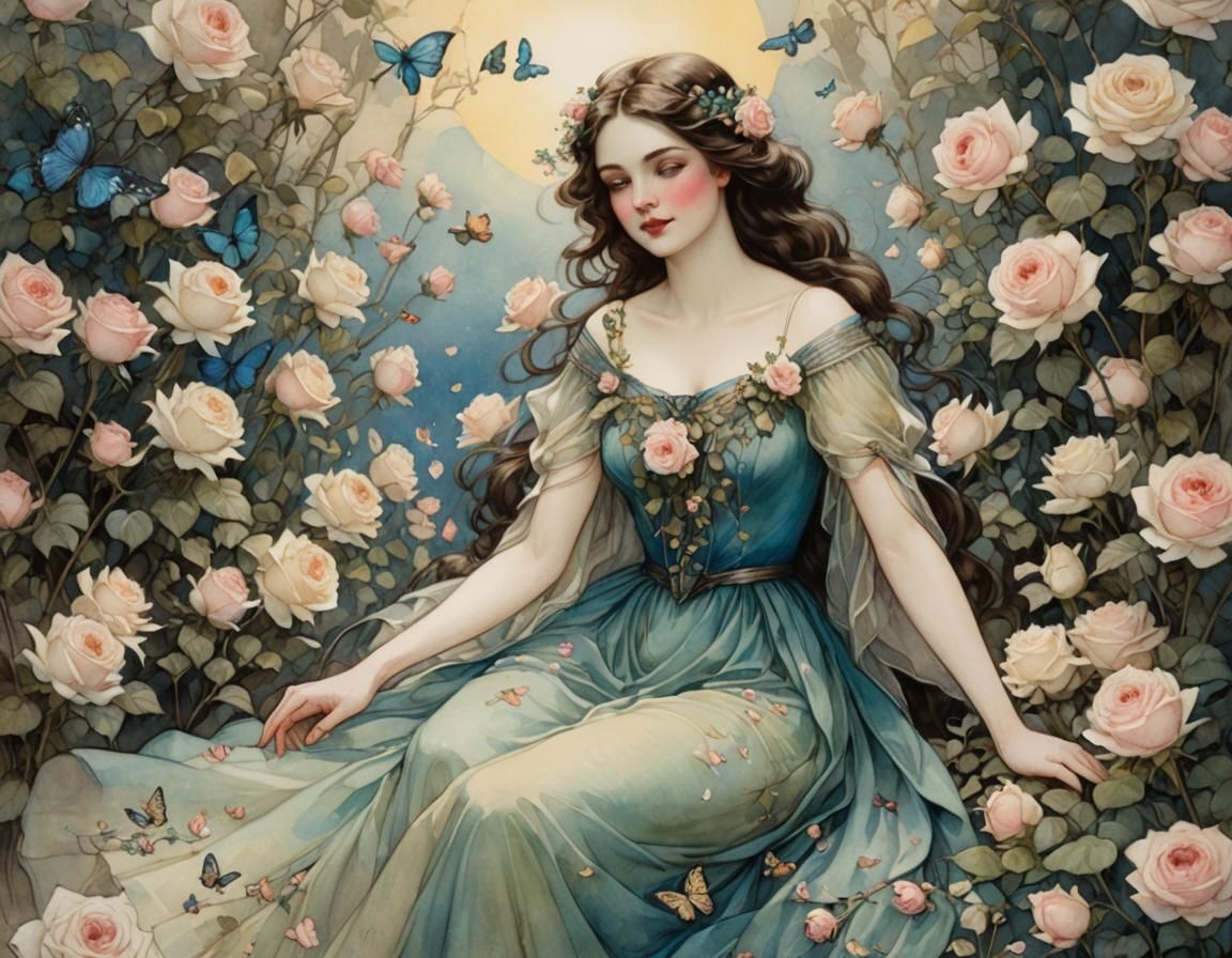 Fairy in Rose Garden, Warwick Goble Style