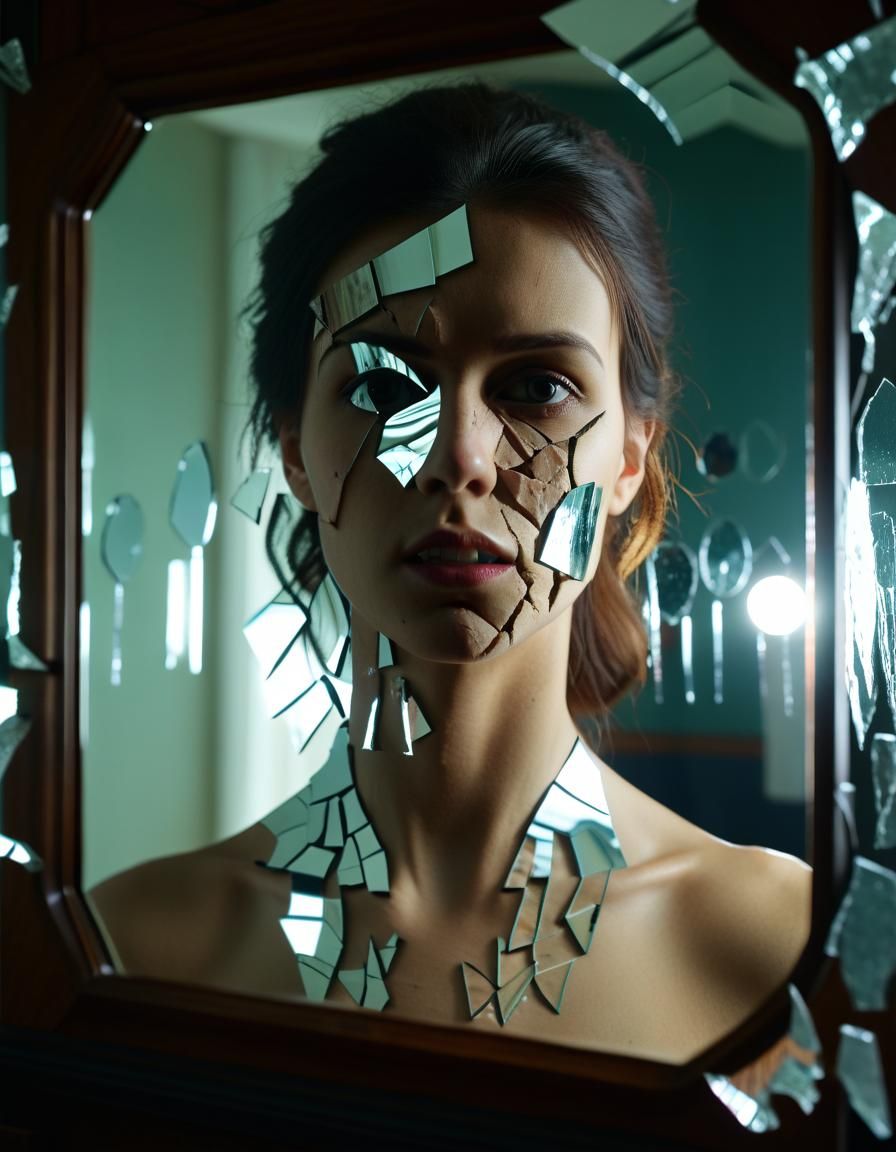 Hyper intricate detailed shattered mirror, creepy horror volumetric Lighting, gorgeous female enhanced bust optical illusion, 4d Trompe-l'oe...