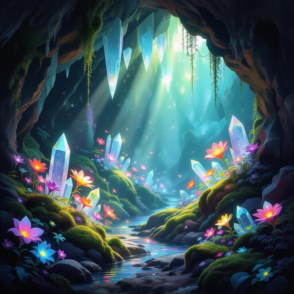 Enchanted Crystal Cave with Luminescent Flora