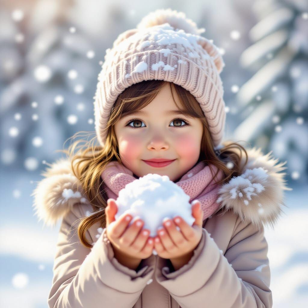 Girl's Wonder Holding Snowball in Winter Landscape