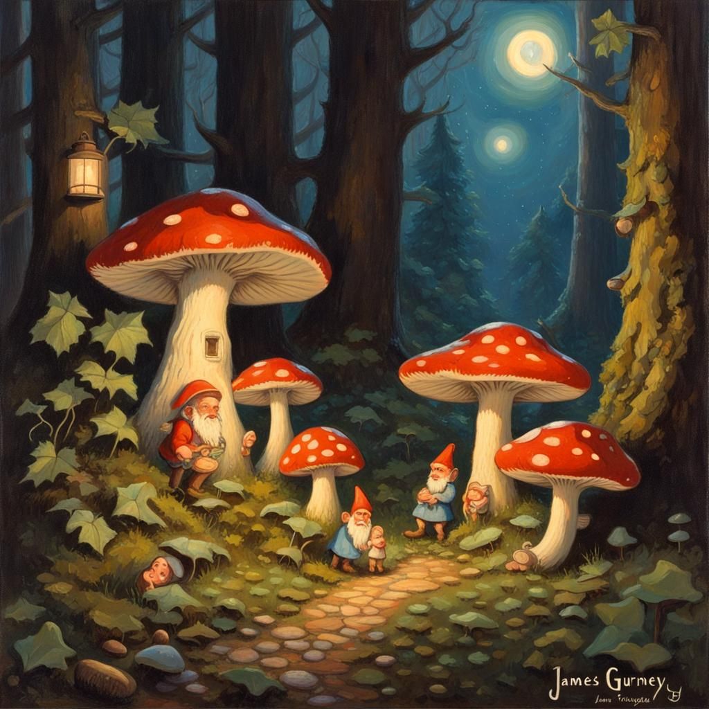 Gnome Families in Mushroomtown: A Gurney-Style Oil Painting