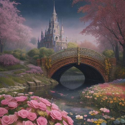 Enchanted Bridge with Roses in Watercolor Style