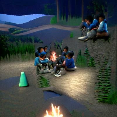 A group of kids talking by a campfire