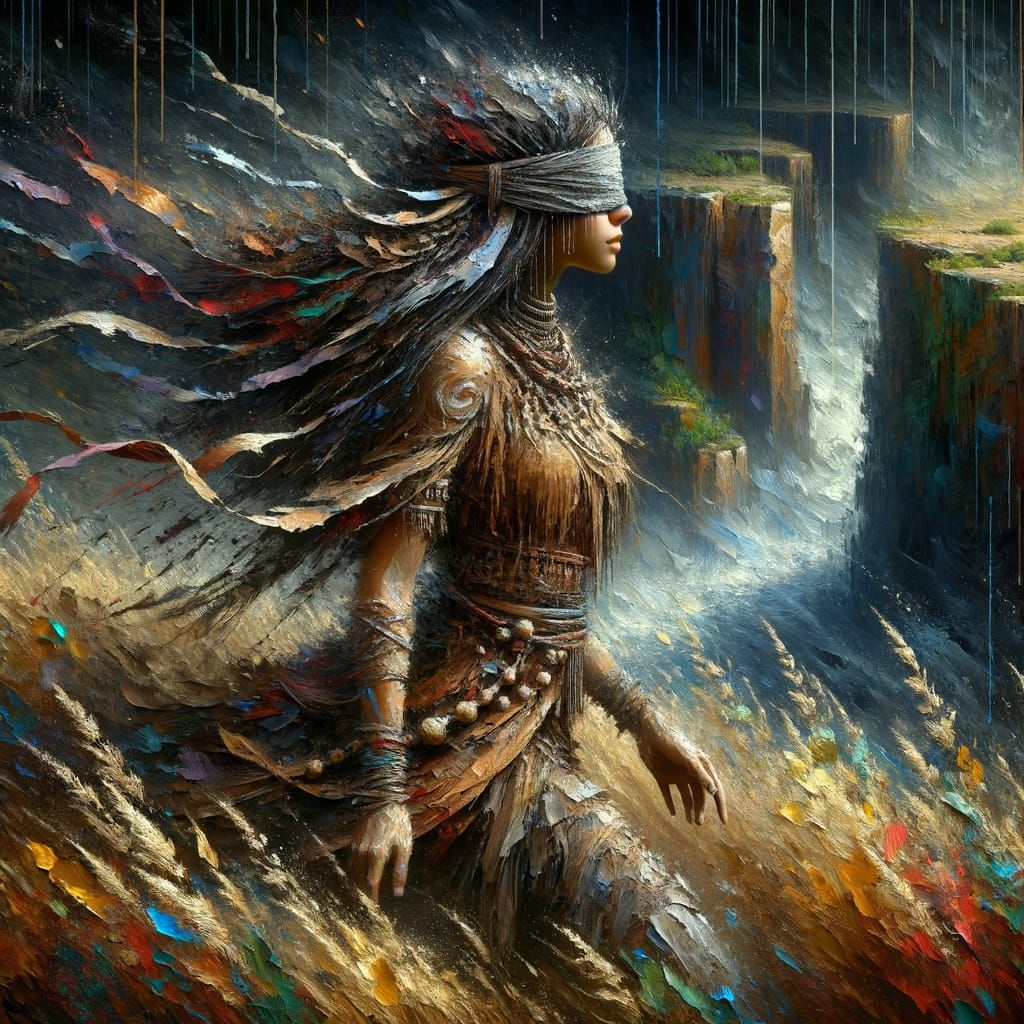 Empowered Tribal Woman Confronts Cliff in Energetic Abstract...