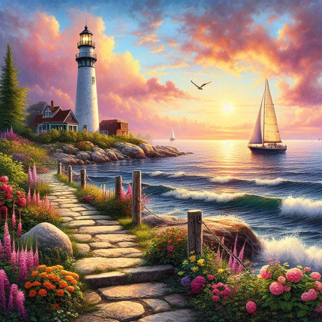 Tranquil Lighthouse landscape with pastel sky