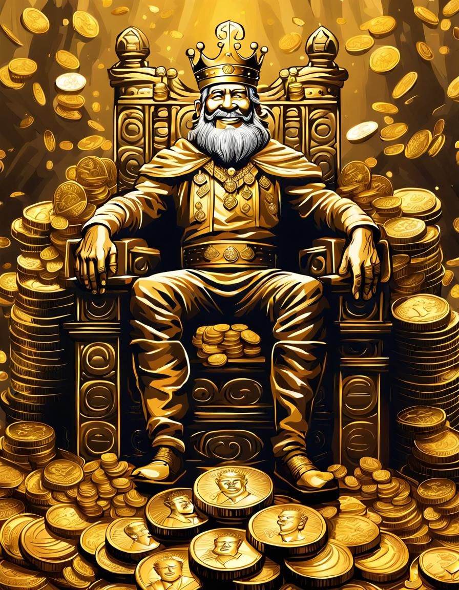 gold monochromatic art work, smiling king on throne of stack...