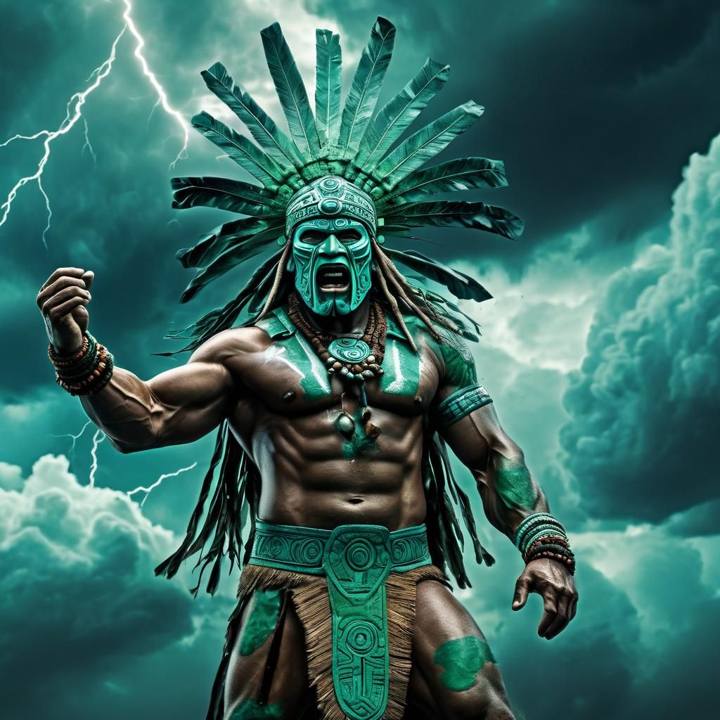 Only powerful man, using a hyperdetailed Jade's mask, prehis...