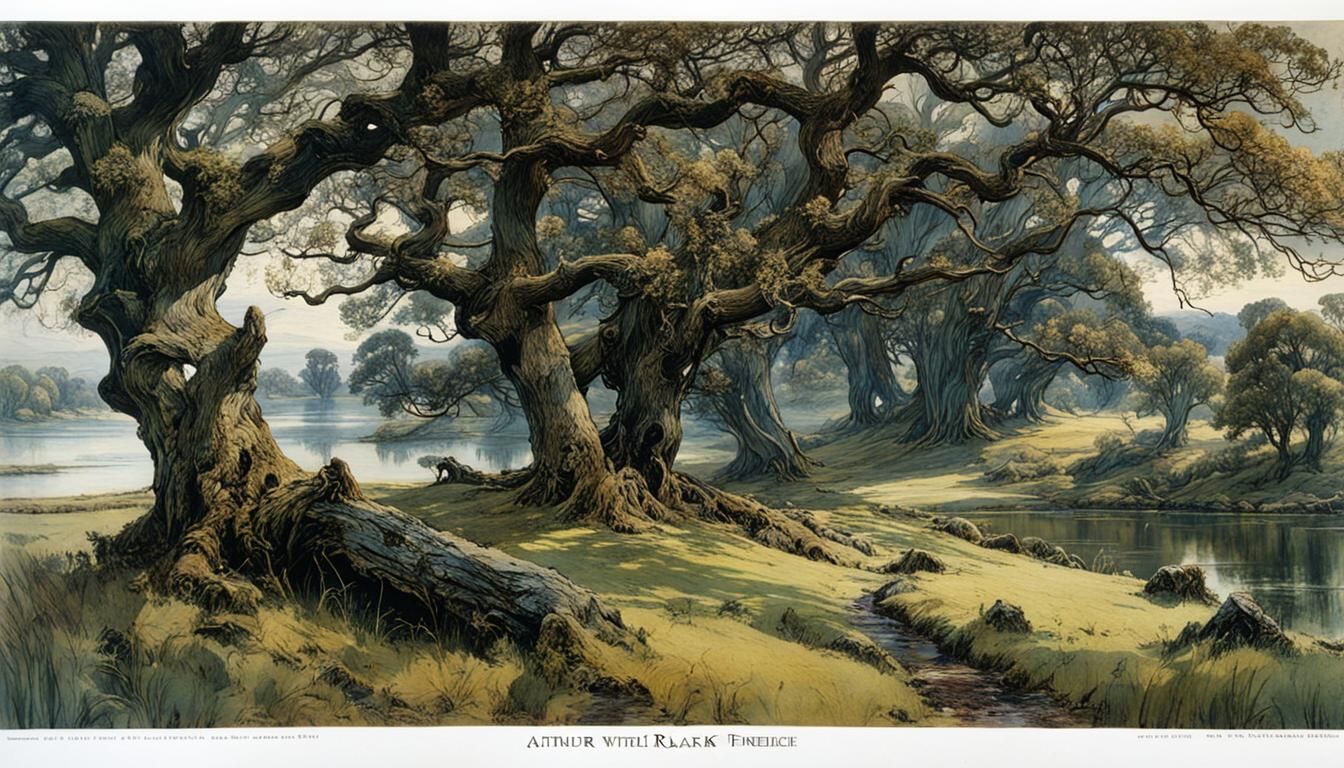 landscape with lake and old oak trees by Arthur Rackham, Car...