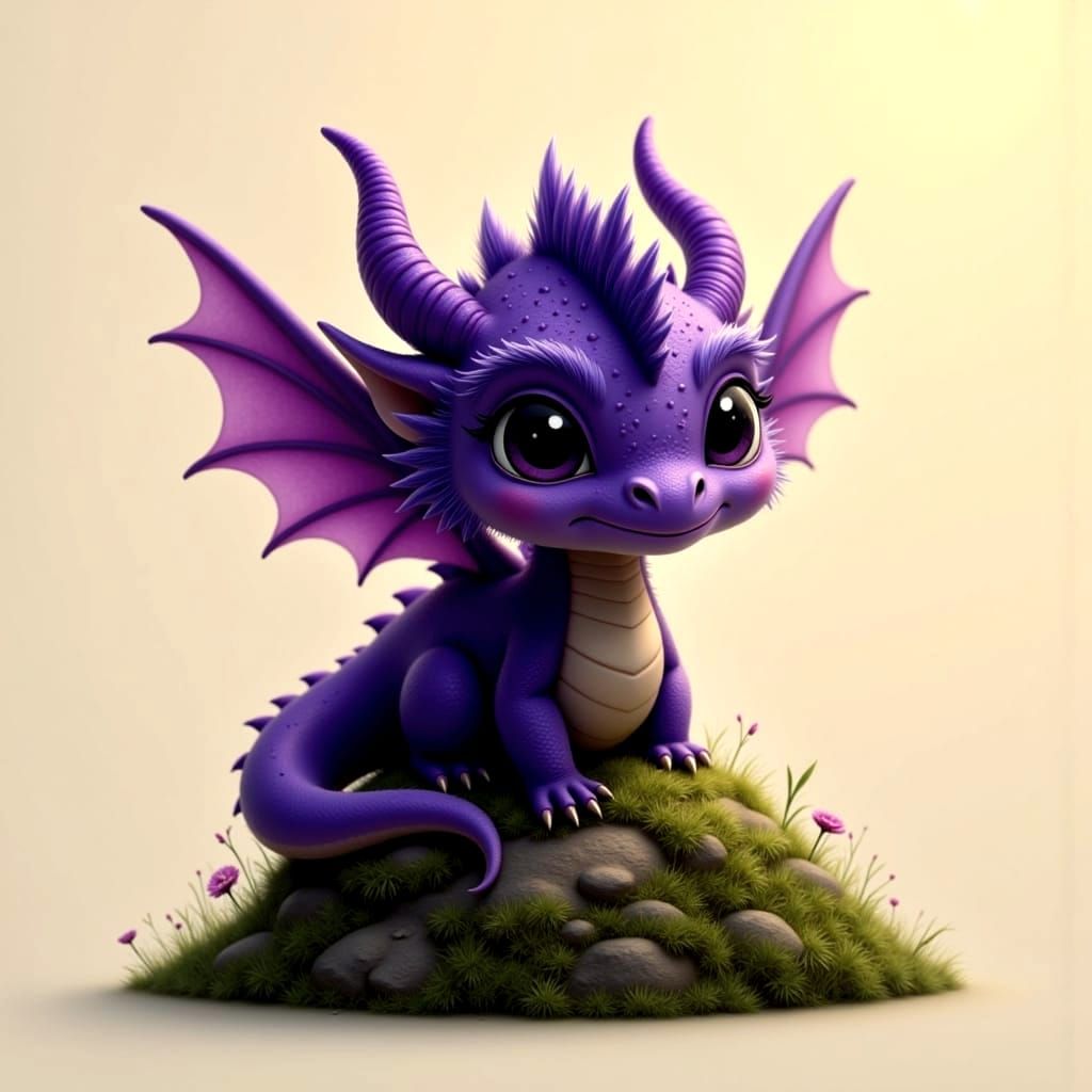 A fluffy winged dark purple dragon sits on a mound of grass <lora:Whimsical Dragons:1.0> 