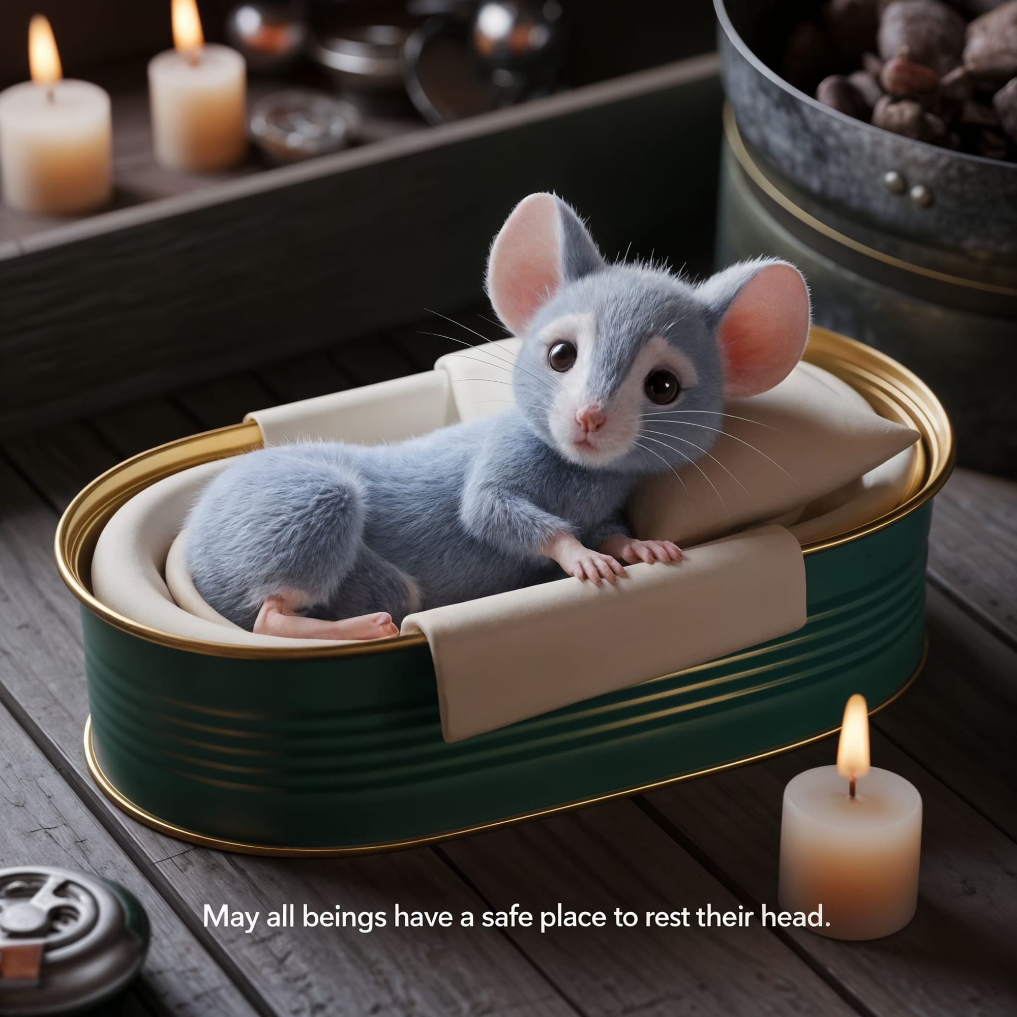 
A adorable hyper realistic fuzzy mouse lays in a nice bed made in a old fashioned sardine can. With a little candle nearby. Caption reads M...