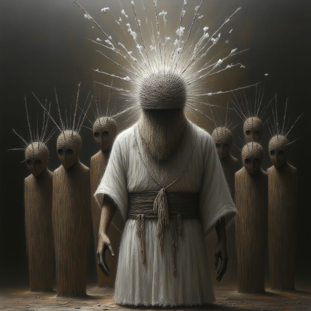  <lora:Chiaroscuro Dystopia:1.3> Oil painting in the style of Nicola Samori and Eliran Kantor, an old Japanese shaman wearing rags covered i...