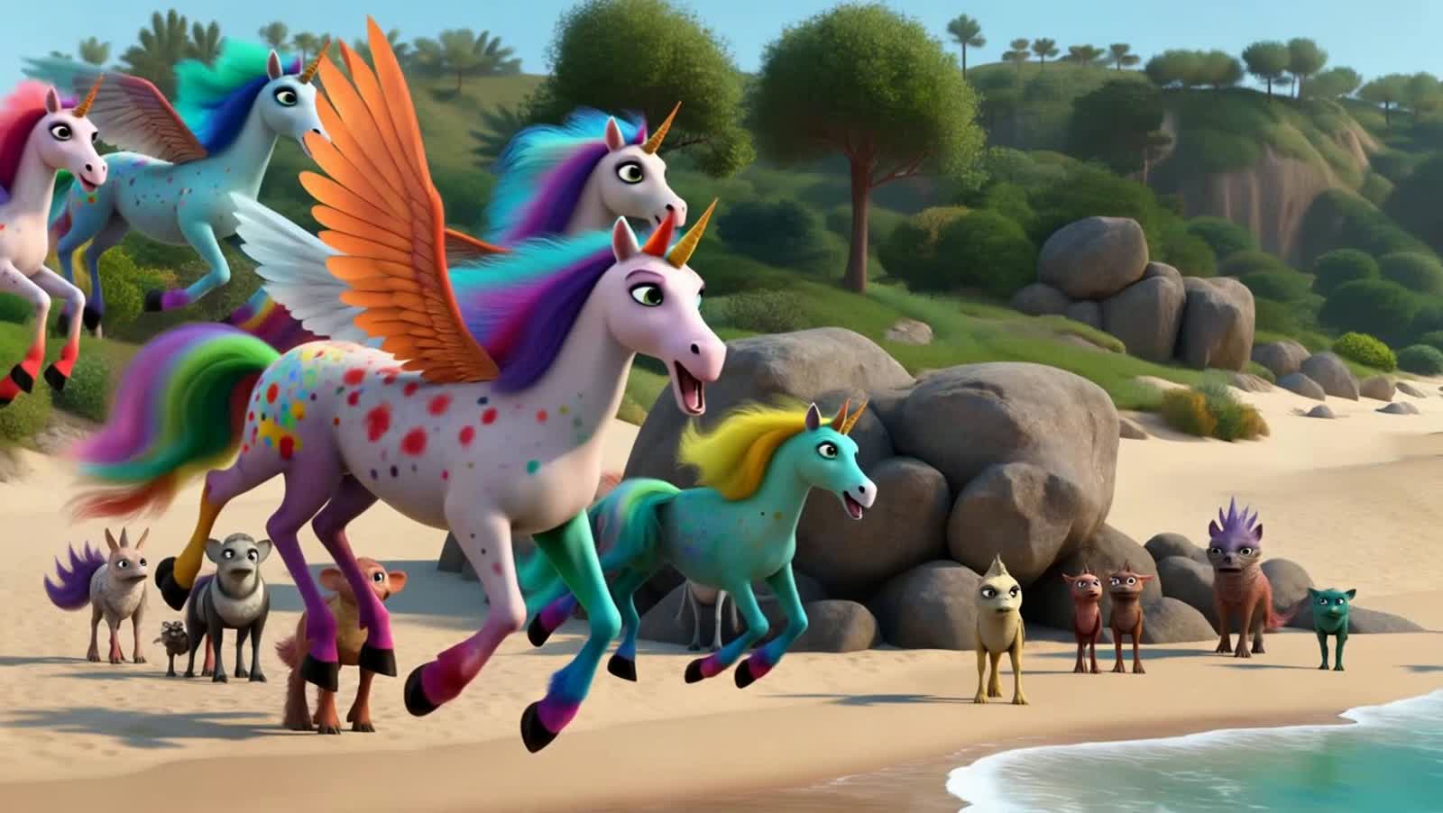 CRAYOLA RAINBOW PEGASUS UNICORNS FLY FORMATION OVER DR. MOREAU'S BEACH