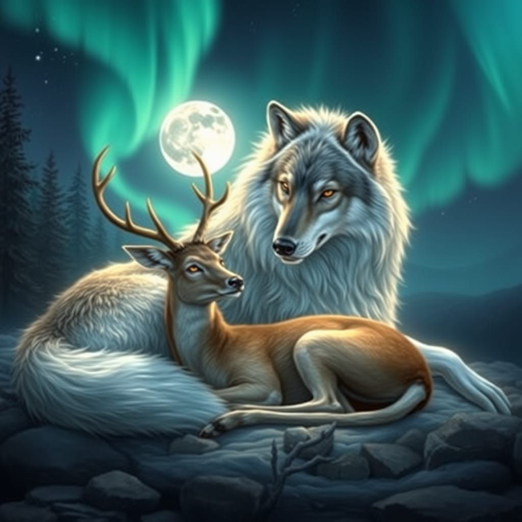 Wolf and Deer Under Northern Lights, Symbolic Harmony