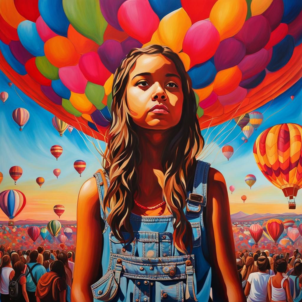 a Girl  looking at us at a a hot air balloon festival. The s...