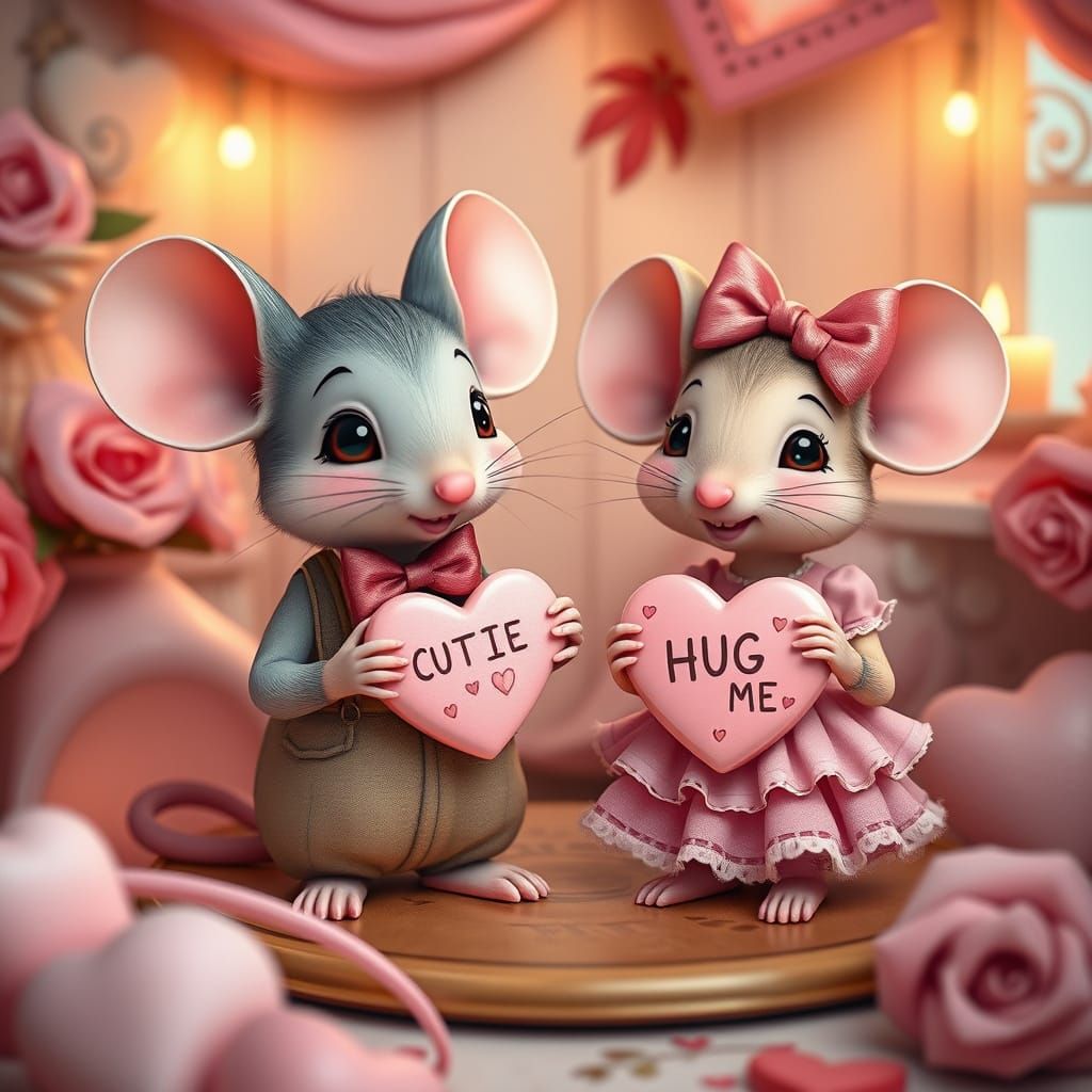 anthropomorphic chibi male mouse, holding a Valentine pastel candy conversation heart, text on the heart ...  by @Kellys AI Kreations
