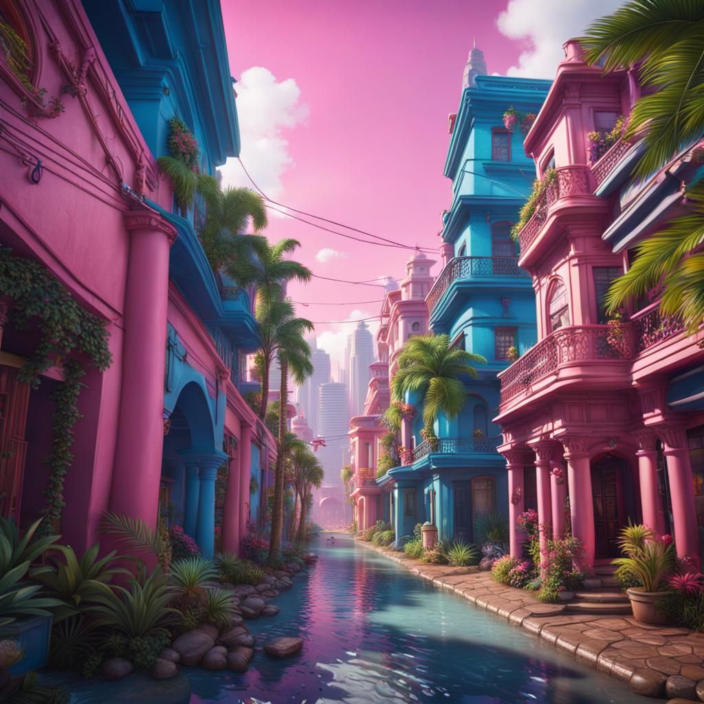 colorful city street in a tropical location blue and pink