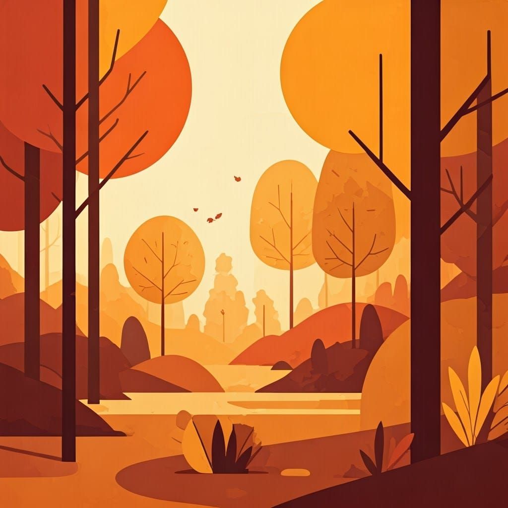 Abstract Autumnal Woodland Scene in Geometric Style