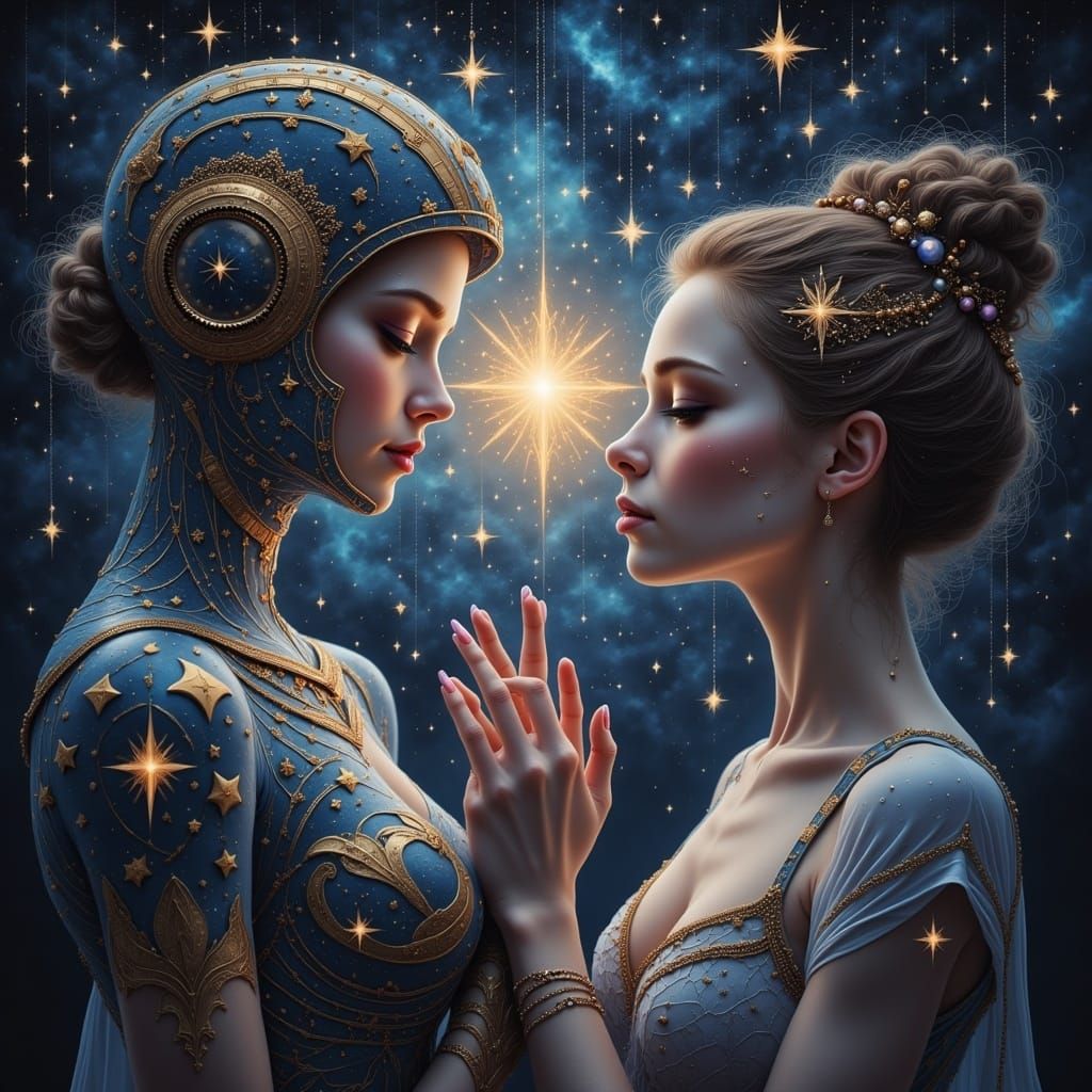 Galaxy woman connecting with her star