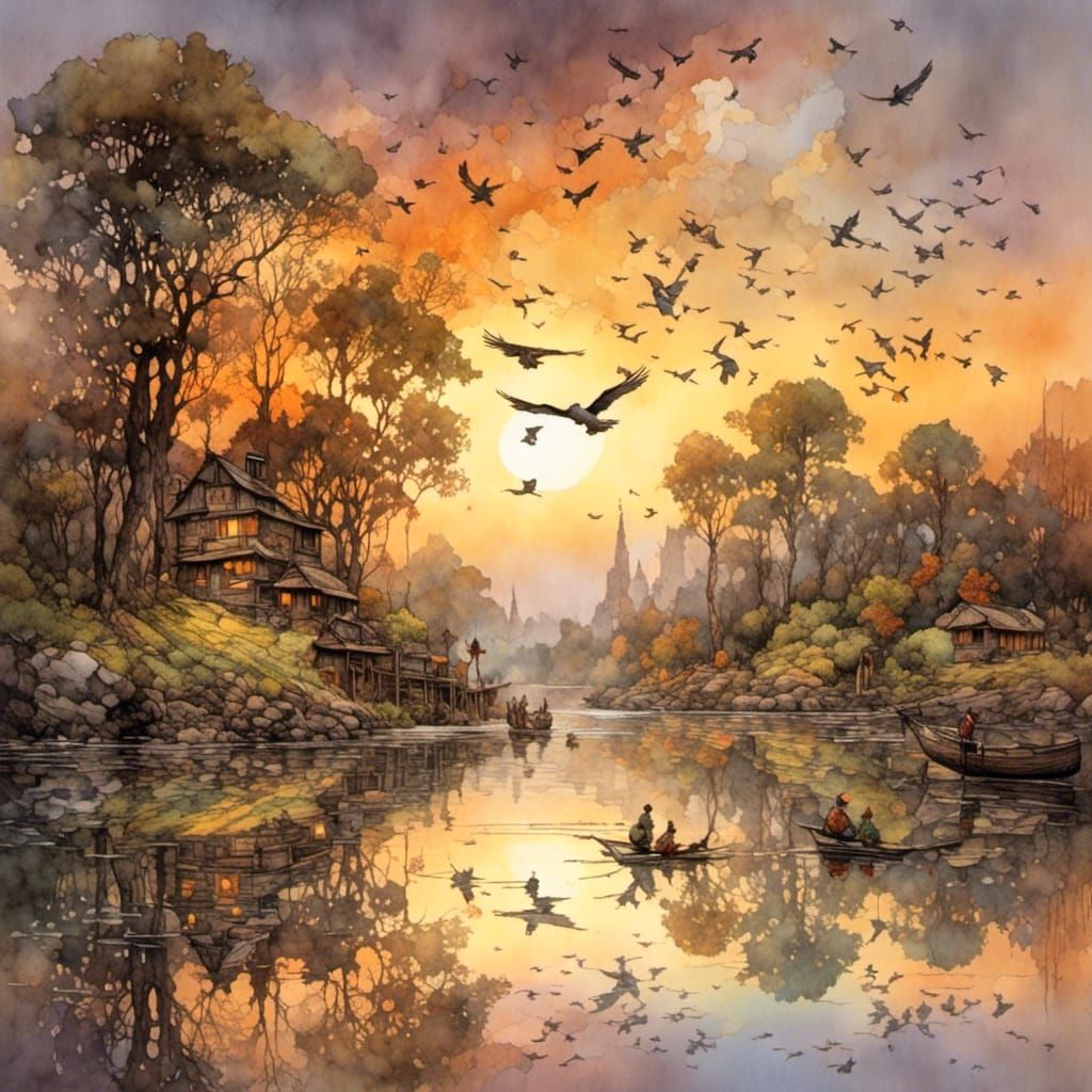 Birds At Sunset Over The River
