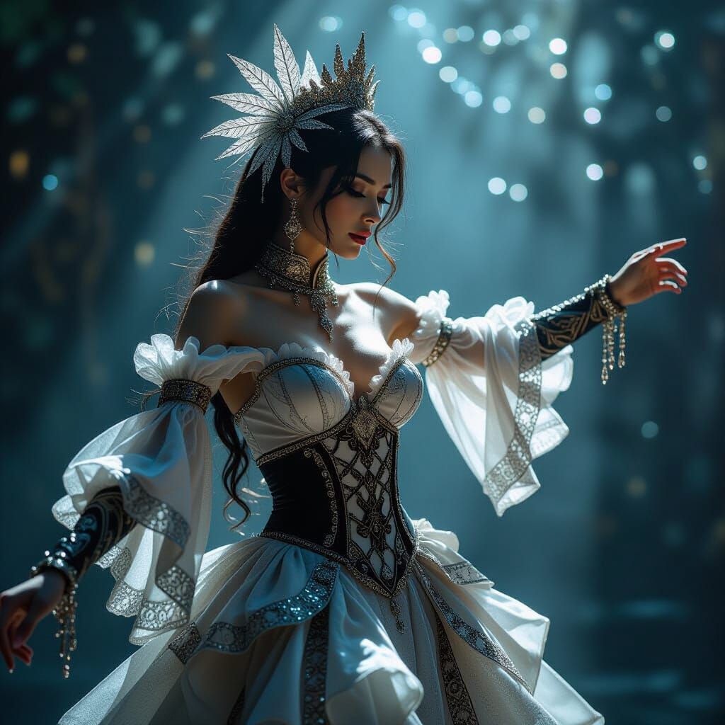 Beautiful close up of a woman's torso while dancing on a stage,  face averted, slightly abstract, silver highlights, sunshine, close-up, dar...