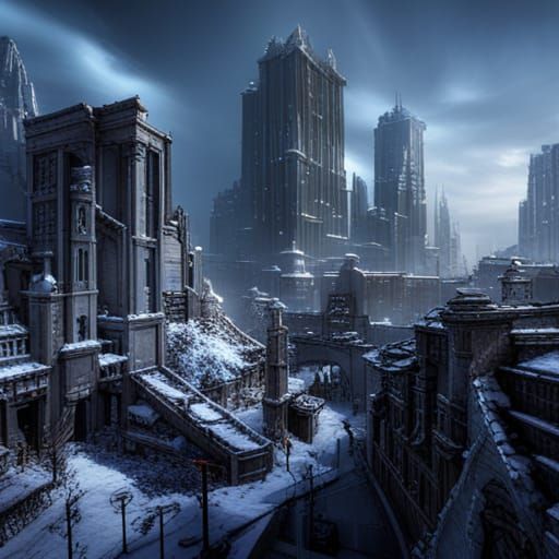 Novel, Cyber, city covered in the snow, ruined world