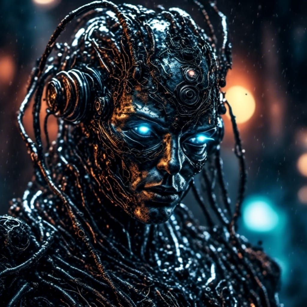 a suspicious and mysterious dark sci-fi humanoid, cyborg Jack the Ripper, extremely dark, big volumetric extreme glowing cyborg eyes, concep...