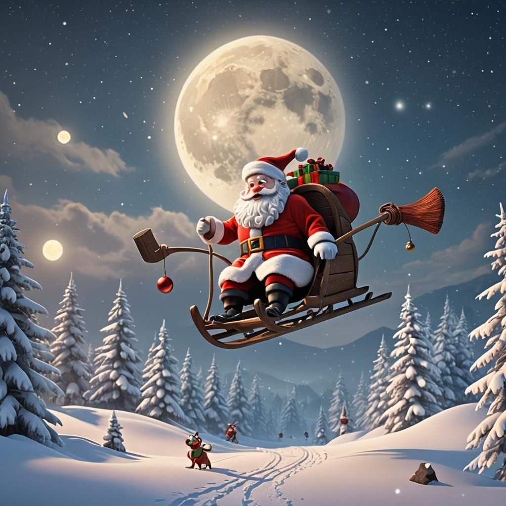 Santa claus flying with his sledge in detail with snow lands...