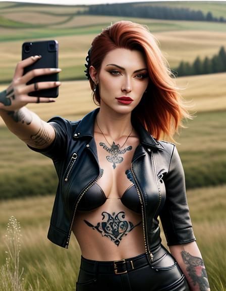Realistic photo of a beautiful with tatoo woman  in only jus...