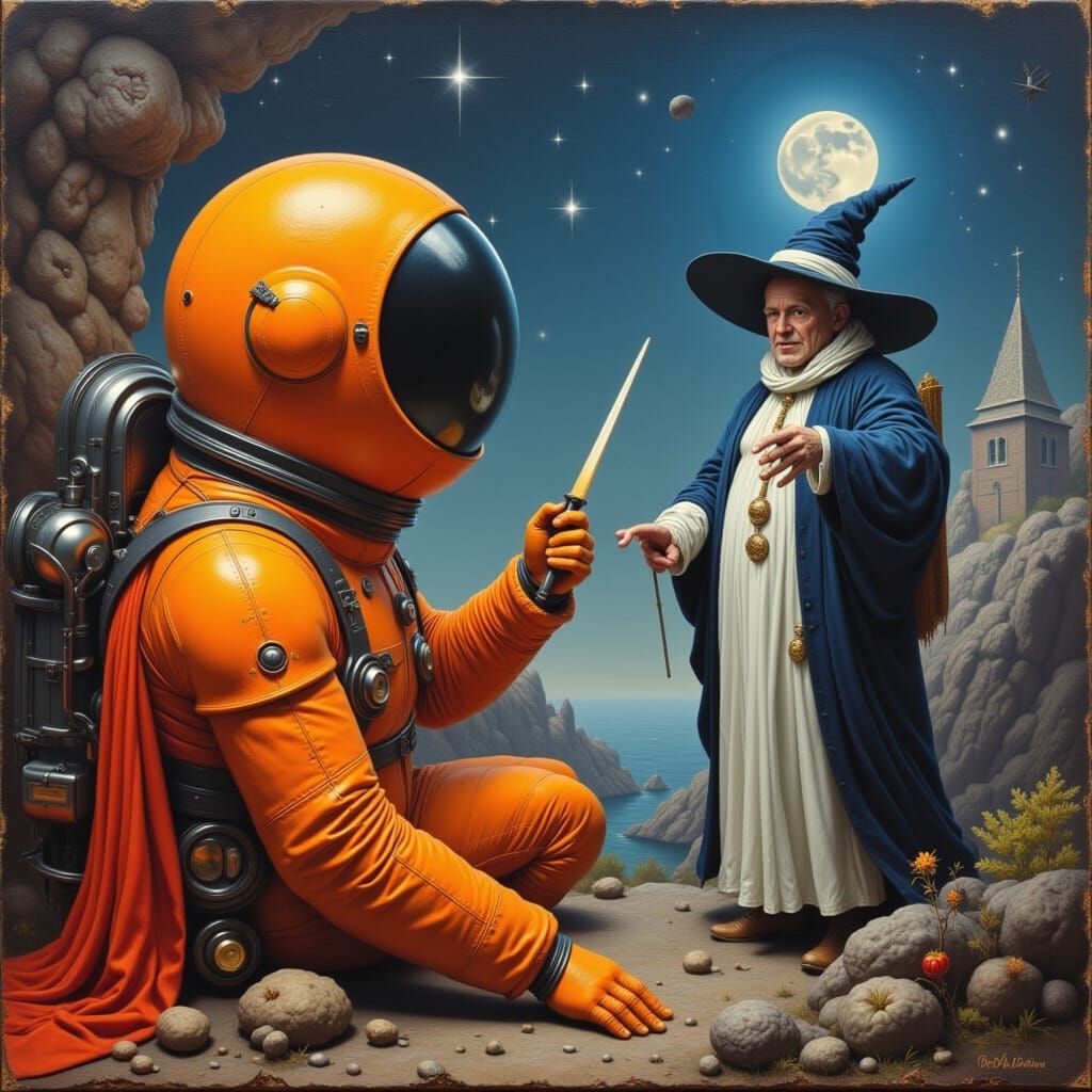 <lora:Frightening lies:1.0> Oil painting of an orange astronaut meeting a wizard