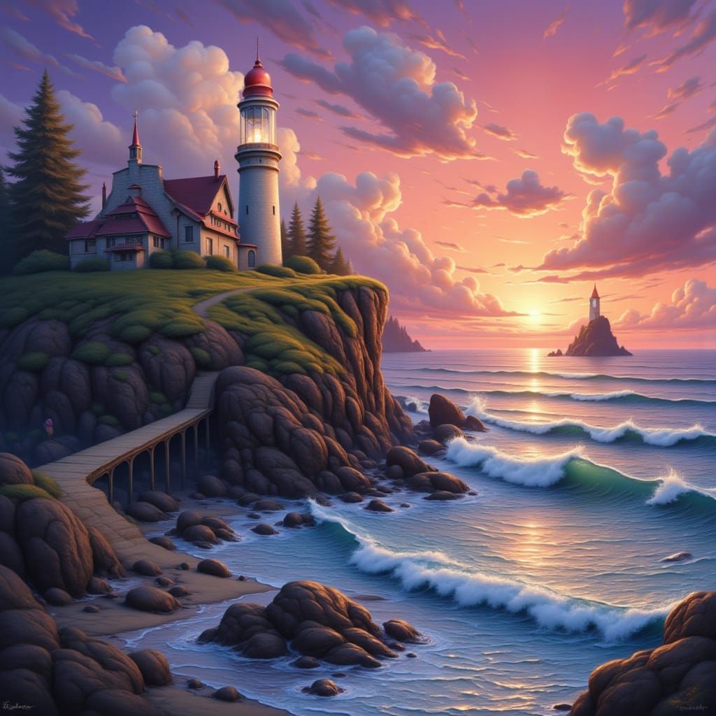 <lora:Albino cellieste:1.0> This is a digital fantasy artwork depicting a dramatic coastal scene at sunset. Central to the image is a large,...