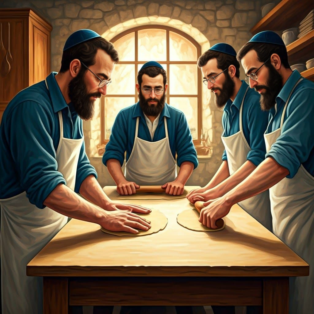 Chassidic Men Baking Matzah in Traditional Setting