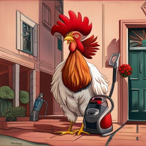 In Suburban Los Angeles, a Giant fancy Brahma rooster towers over short