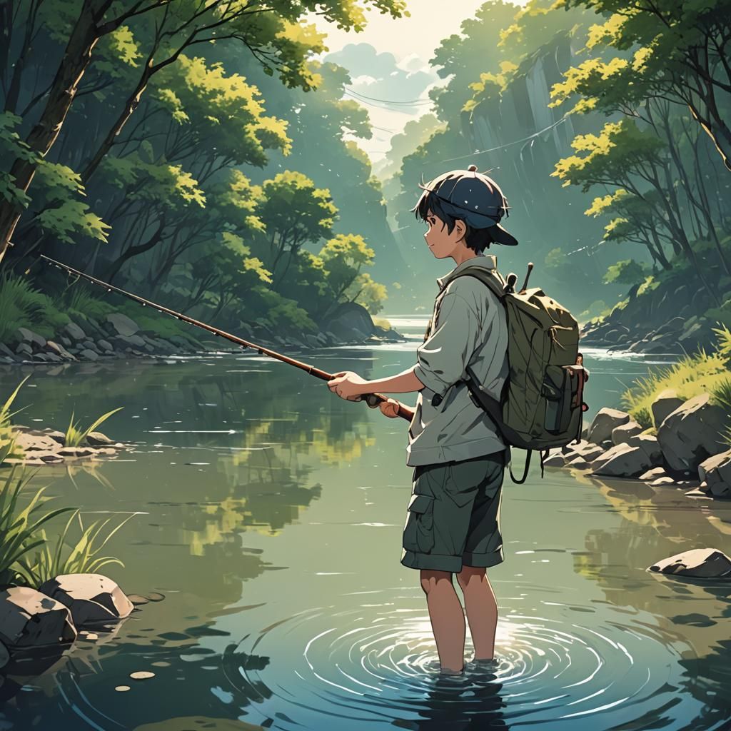 Boy Fishing in River: Anime Cel-Shaded Art