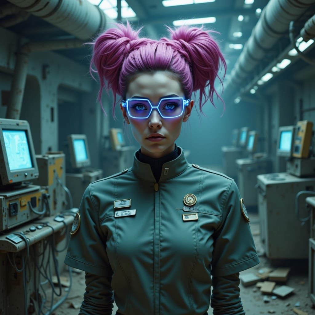 an android nurse standing amidst the rubble of a collapsed, futuristic hospital wing. The nurse has a porcelain-like face and wears a faded,...