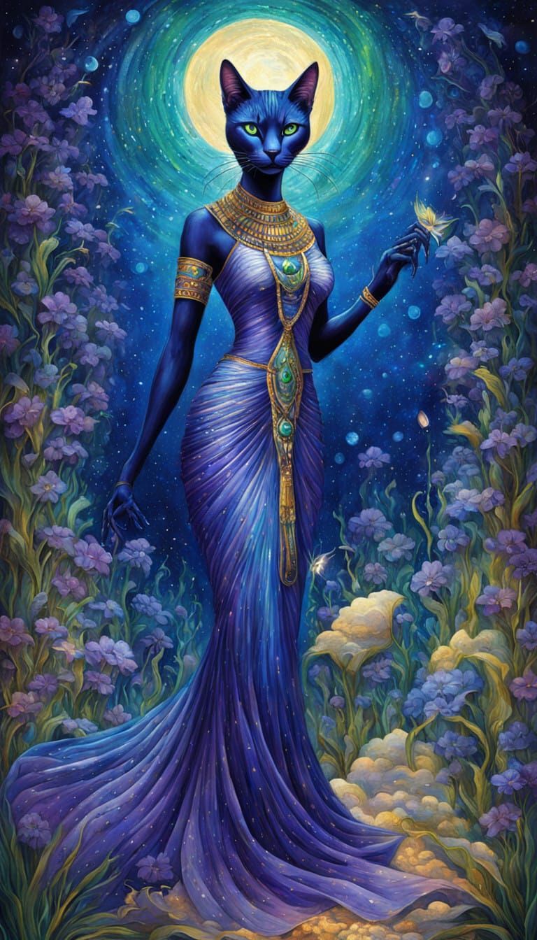 Bastet and the moon - Mystical Cat Goddess in Full-Moon Ench...