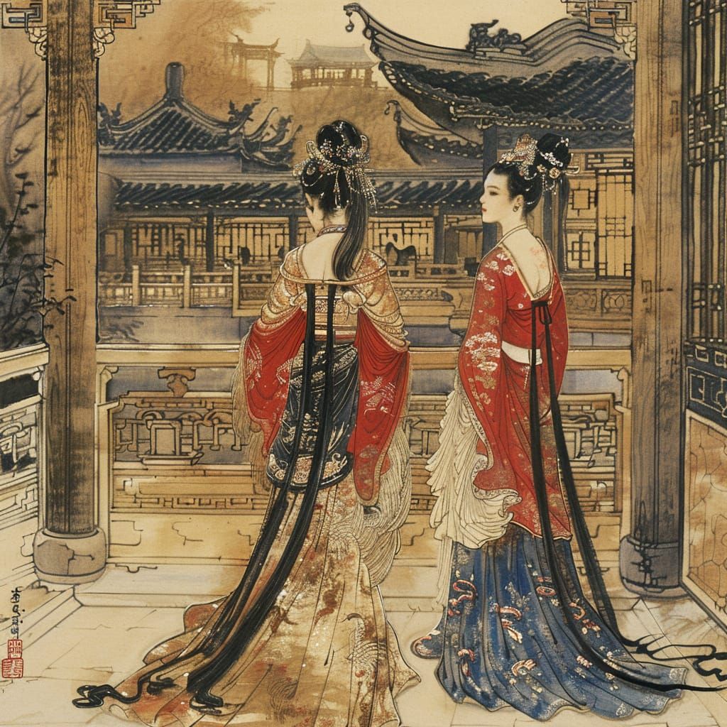 Ink painting, Consort Jin and her sister, entering The Forbidden city