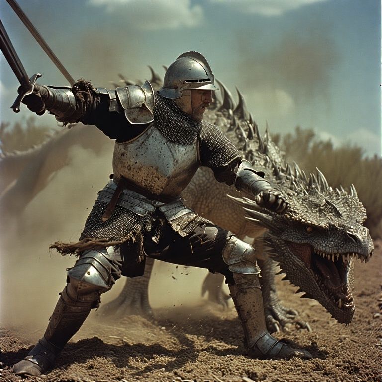 Knight fighting a dragon.
