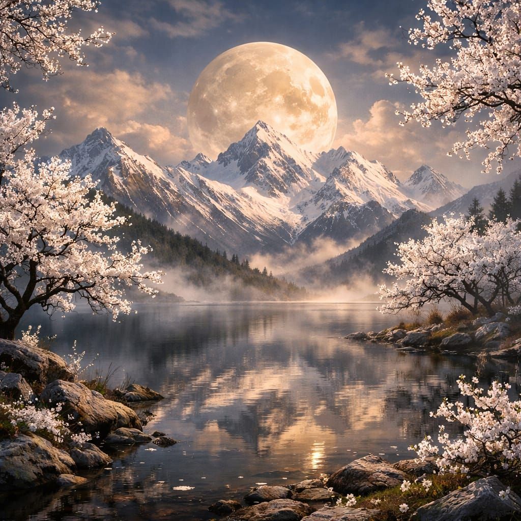 A beautiful and ethereal scene, exquisitely detailed, with a soft, luminous mist, white almond trees ...  by @ArmyWidow