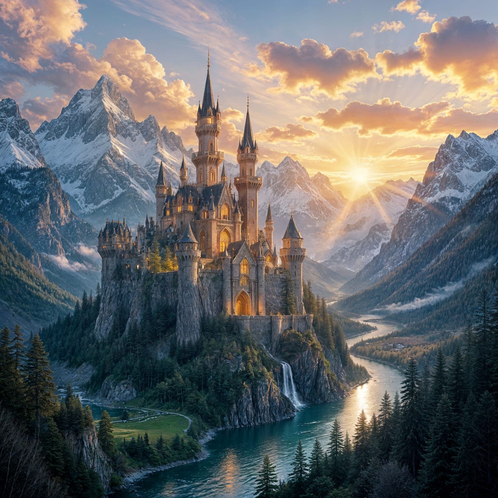 Majestic Castle on Snowy Peaks at Sunset