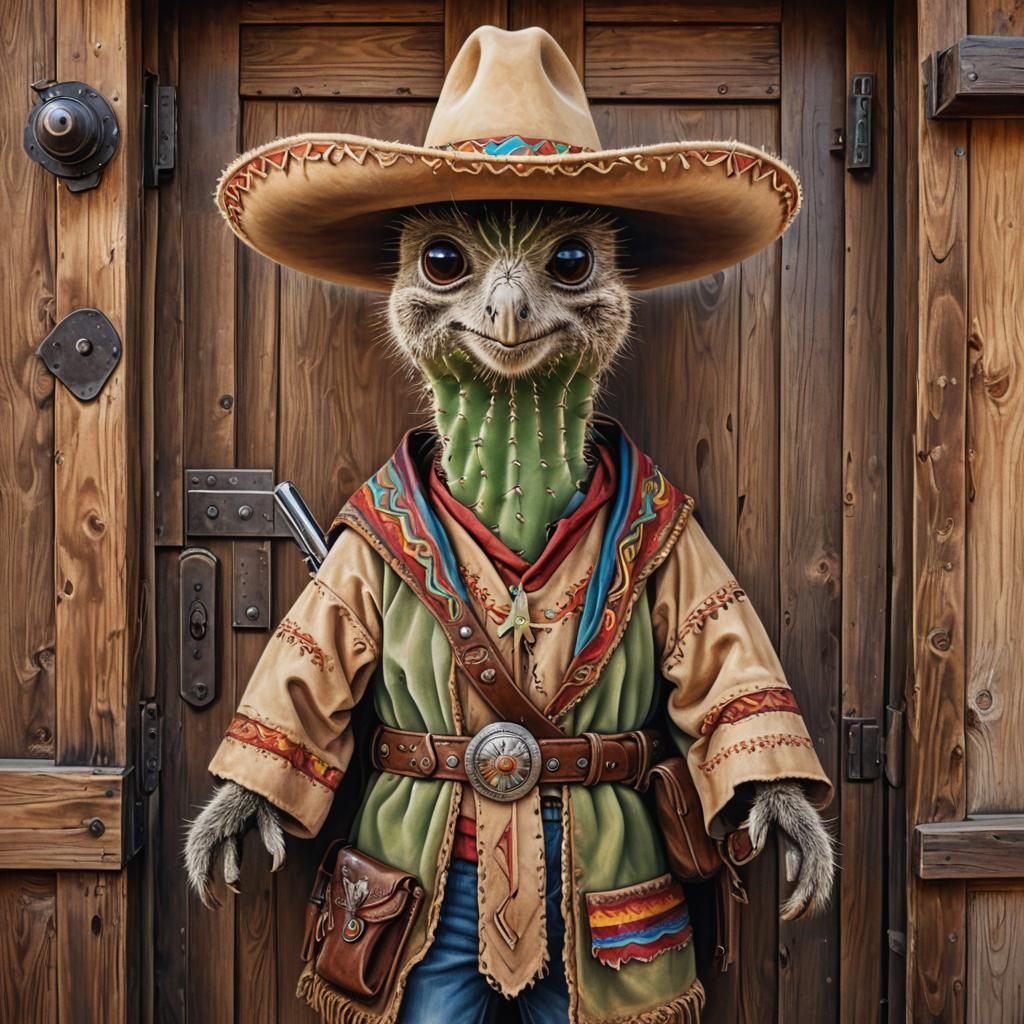 a cactus tree with big brown eyes, wearing a Sombrero a ponc...